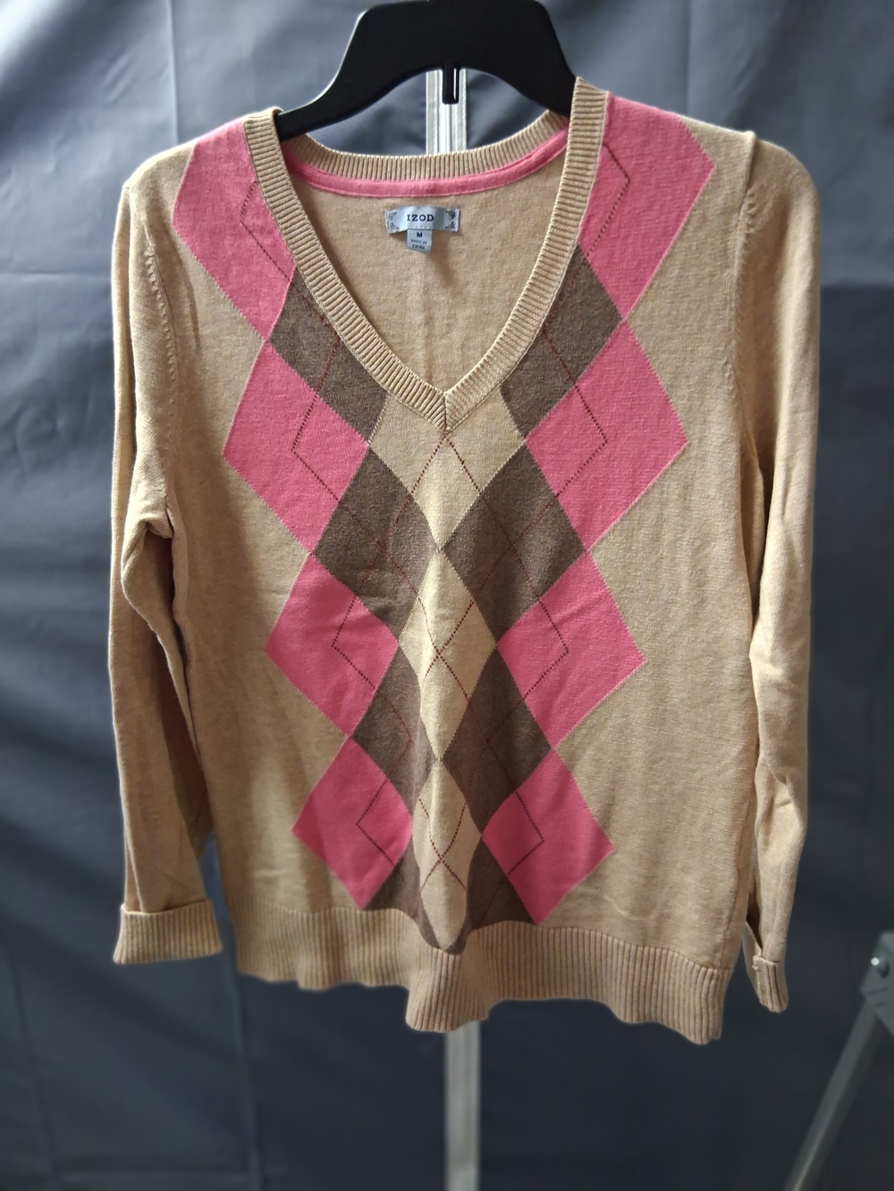 Izod Women's Tan V-Neck Argyle Sweater with Pink and Brown Diamonds